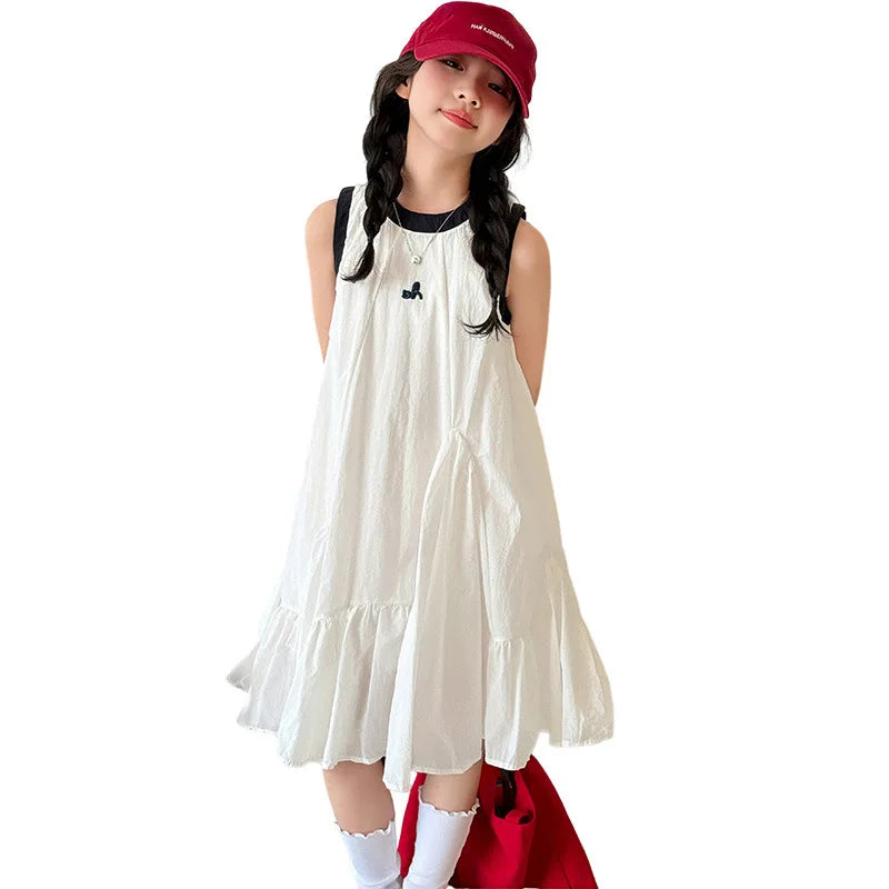 Neues Sommer-Mädchen-Prinzessinnenkleid für Kinder, ärmelloses Kleid mit Rüschen, Design-Kleider für Teenager, Kinder, lässiges Urlaubs-Strandkleid.
