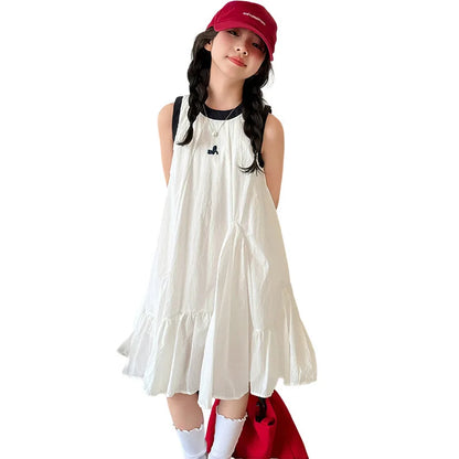 Neues Sommer-Mädchen-Prinzessinnenkleid für Kinder, ärmelloses Kleid mit Rüschen, Design-Kleider für Teenager, Kinder, lässiges Urlaubs-Strandkleid.