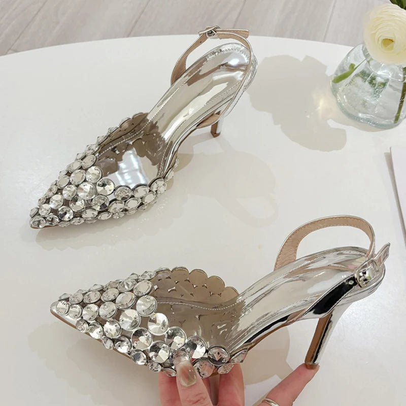 Liyke Elegant Pointed Toe Slingback Stiletto Sandals Crystal Diamonds Women Pumps High Heels Wedding Prom Shoes Zapatos Mujer.