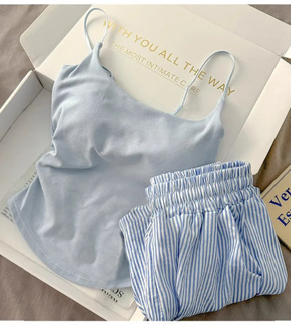 Einfarbiger Pyjama mit Brustpolstern, gestreifte Shorts für Damen, Sommer, dünne Leibchen-Shorts, Loungewear, großer Pyjama, zweiteiliges Set.