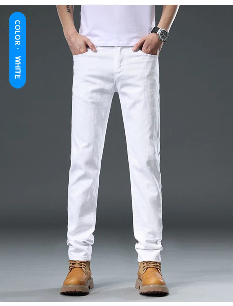 2025 Autumn Men's White Slim Fit Straight Jeans Casual Stretch Denim Pants Comfortable Fashion Streetwear Male Brand Clothing.