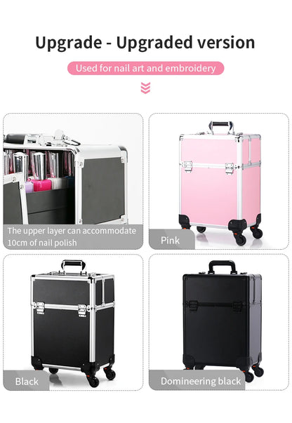 TravelRolling Makeup Train Case Large Capacity Cosmetic Trolley, Aluminum Professional Travel Case with Key.