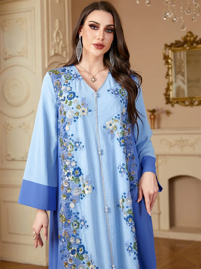 Siskakia Ramadan Dubai Woman’s Abayas Embroidered Sequin Floral Patter V-Neck Elegant Casual Kebaya Muslim Moroccan Long Dress.