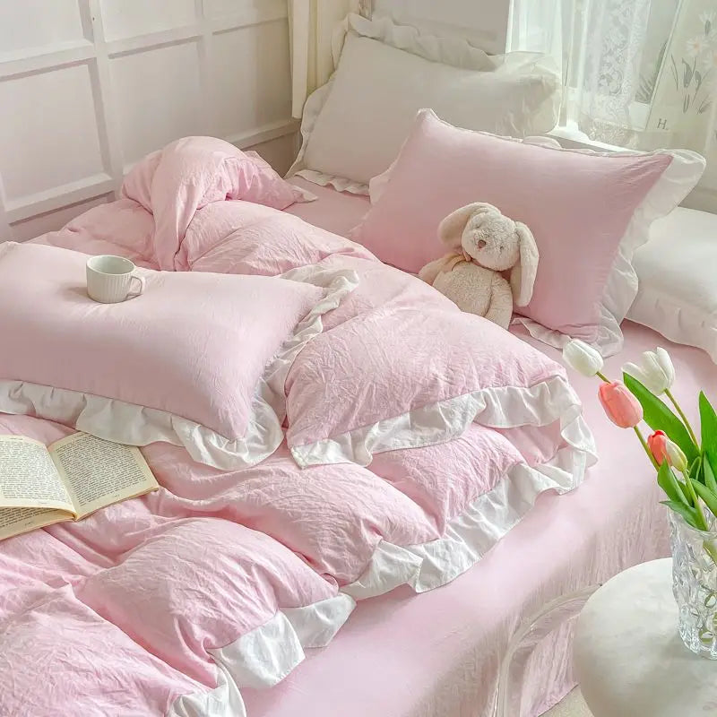 Korean Princess Style Duvet Cover Set No Filling Pink Blue Soft Washed Cotton Girls Favorite Ruffles Bed Linen Pillowcases.