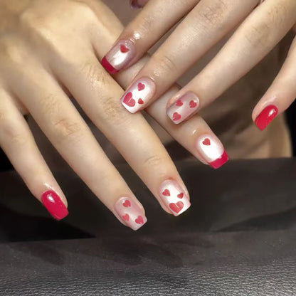 24Pcs Nude Color Fake Nails Short Square Head Press on Nails White Heart Printed Valentine's Day Full Cover False Nails Tips.