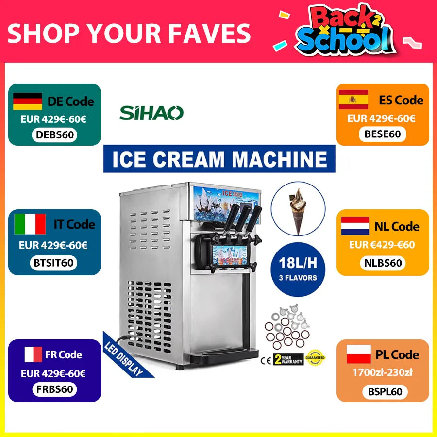 SIHAO Commercial Soft Serve Ice Cream Machine - Tri-Flavor 18L/H with LCD Display & One-Touch Cleaning for Dessert Shops, Cafes.