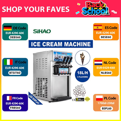 SIHAO Commercial Soft Serve Ice Cream Machine - Tri-Flavor 18L/H with LCD Display & One-Touch Cleaning for Dessert Shops, Cafes.