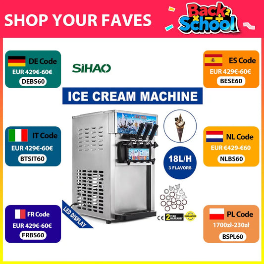 SIHAO Commercial Soft Serve Ice Cream Machine - Tri-Flavor 18L/H with LCD Display & One-Touch Cleaning for Dessert Shops, Cafes.