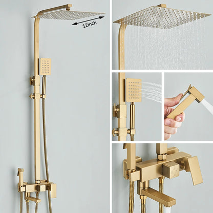 4 in 1 Gold Brushed Shower System Rainfall Shower Hot Cold Water Mixer With Bidet Faucet Bath Shower Faucet For Bathroom