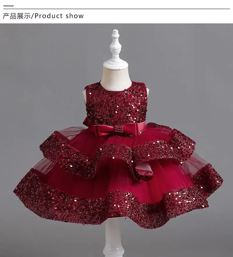 Sommer Neue Perlen Fliege Pailletten Mesh Kinder Ärmelloses Abendkleid Schule Abschlussfeier Multi Layered Kleid.