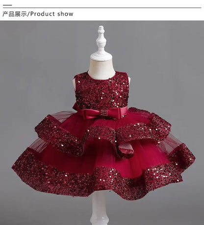 Sommer Neue Perlen Fliege Pailletten Mesh Kinder Ärmelloses Abendkleid Schule Abschlussfeier Multi Layered Kleid.