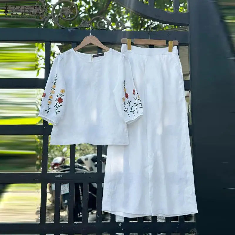 ZANZEA Fashion Women 3/4 Sleeve Embroidery Blouse Pants Sets Autumn 2PCS Floral Tracksuit Casual Loose Wide Leg Trousers Suits.