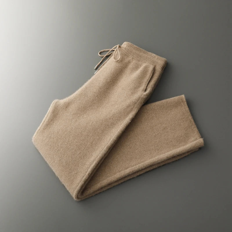 4PINK Thickened 100% Pure Cashmere Pants Men High Waist Knitted Wide Leg Pants Solid Color Lace Up Straight Pants Elastic Waist