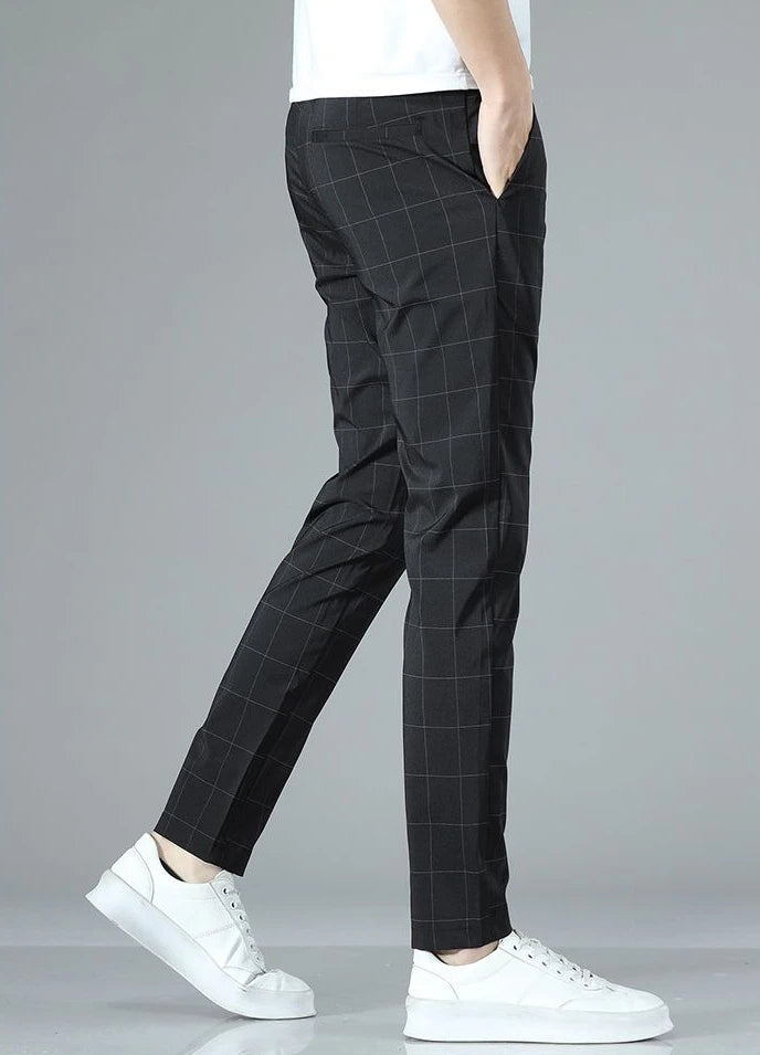 Male Suit Trousers Check Cooling Ice Silk Plaid Straight Up Clothes Offer Slacks Designer Men's Summer Pants Fabric 2025 Classic.