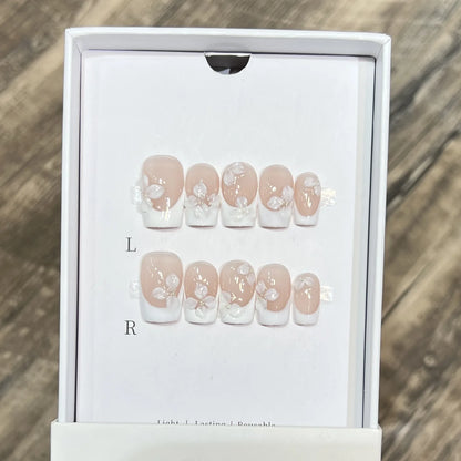 10Pcs White French Handmade Press on Nails Flower Pattern Fake Nails Wearable Stick-on Nails False Nail 네일팁 Накладные Ногти Uñas.