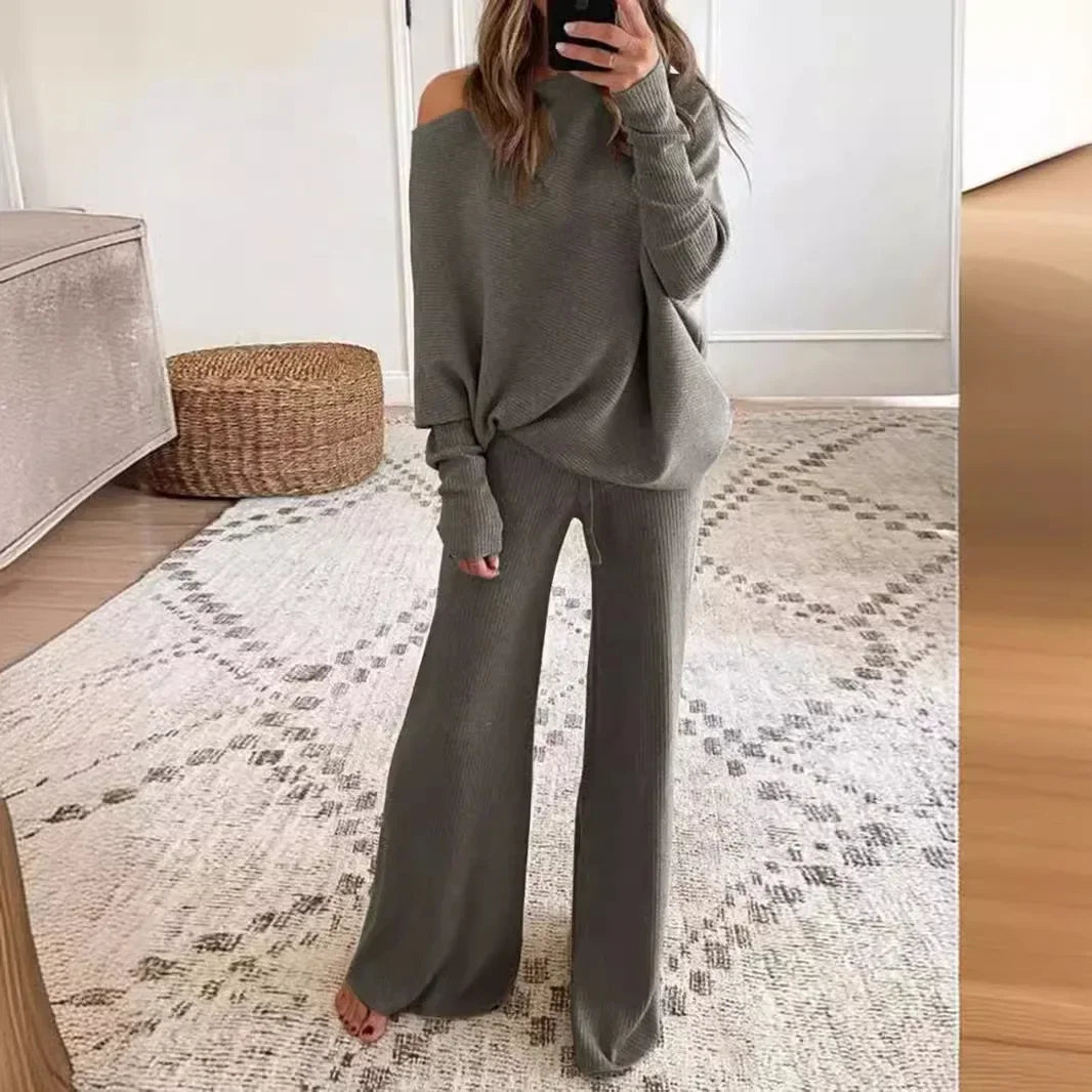 New Women's 2pcs Clothes Set Solid Color Round Neck Long Sleeve Casual Top & Loose Wide Leg Pants Home Wear.