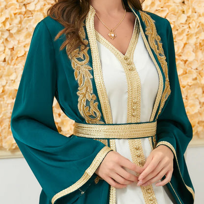 Maßgeschneiderte muslimische Sets, elegante muslimische Frauen, Sommer, langärmelig, V-Ausschnitt, Polyester, lila, 2-teiliges Kleid, Mantel, passende Sets, Muslim.