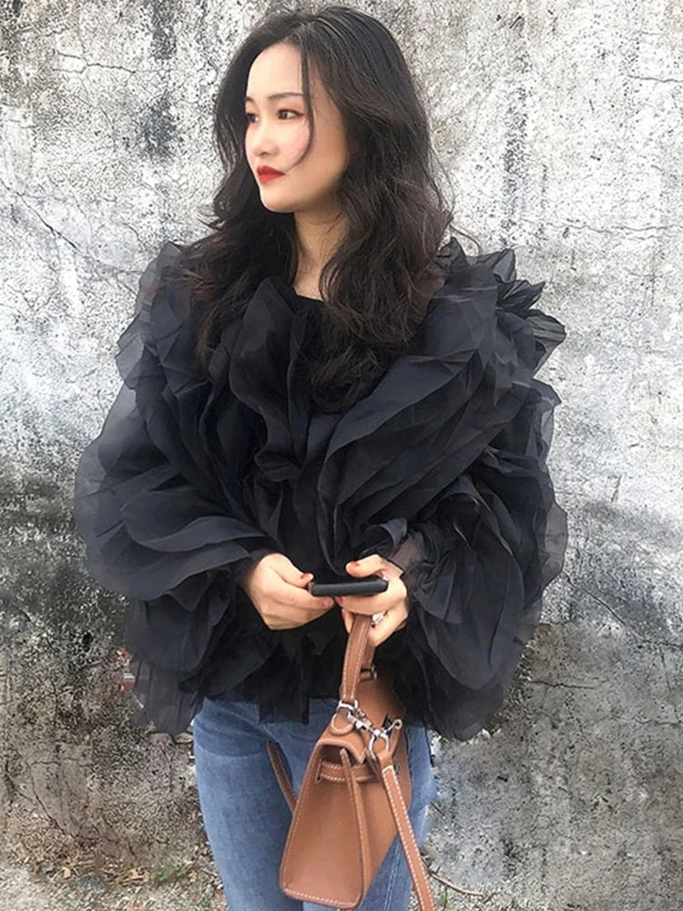 TWOTWINSTYLE Elegant Patchwork Ruffles Chiffon Blouses Women O Neck Lantern Long Sleeve Loose Shirt Female Clothing Fashion.