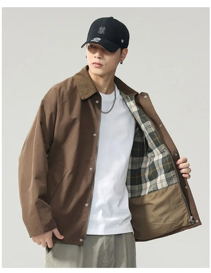 Lapel Jacket Men Spring Autumn Japanese Korean Streetwear Fashion Loose Casual Vintage Cargo Jacket Coat Outerwear.