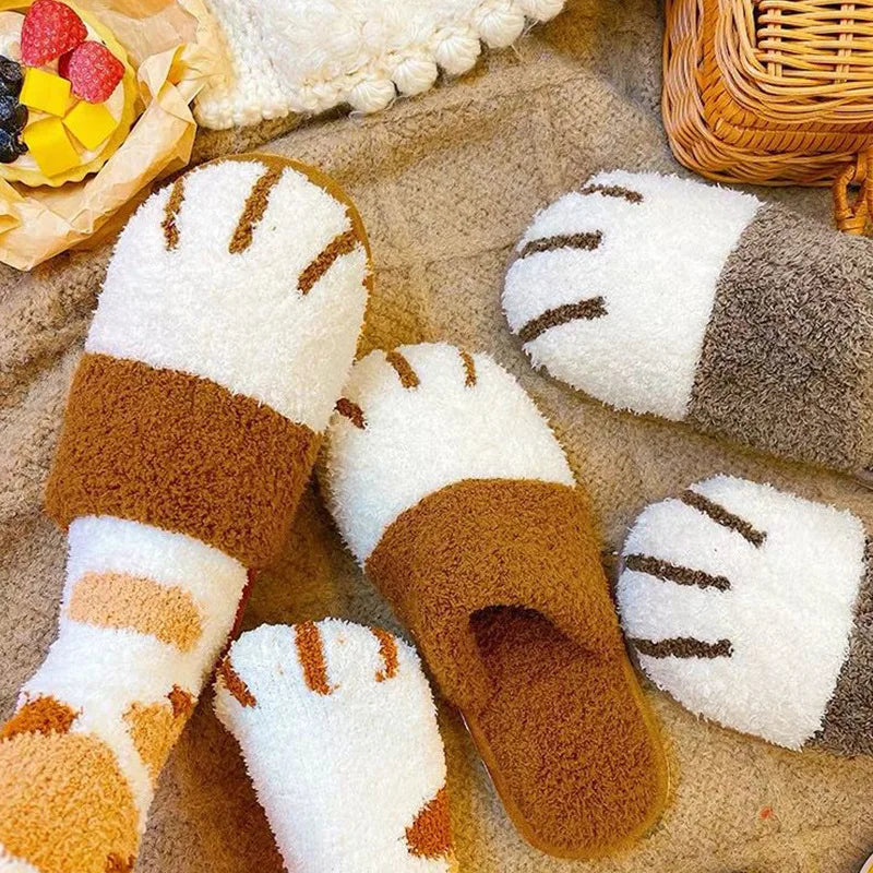 Evshine Cat Paw Warm Slippers For Women Winter Plush House Slippers Cute Fashion Fur Slippers Couple Indoor Bedroom Fuzzy Shoes.