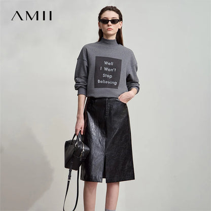 AMII Minimalist PU Leather Skirt For Women 2025 American Retro Knee-Length Skirt Solid Basics Business Women's Clothing 12553014.