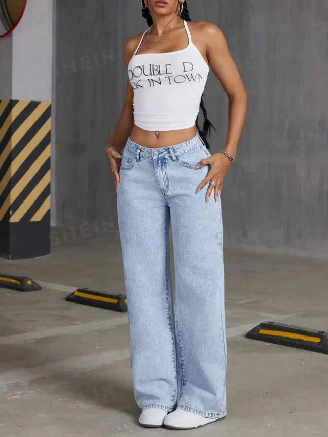 Women Wide Leg Boyfriend Jeans Straight Hip Hop Bow Embroidery Denim Pants Low Waist Baggy Jeans Casual Loose Jeans Streetwear.