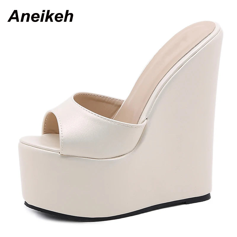 Aneikeh 2025 Fashion Peep Toe Wedges Heel Outside Women Slippers Concise PU Platform Slip On Summer Beach Mules Apricot 35-42