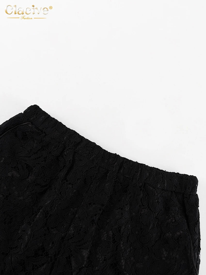 Clacive Sexy Loose Black Lace See Through Trousers Sets Women 2 Pieces Fashion Long Sleeve Shirt With High Waist Wide Pants Set.