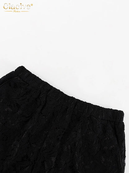 Clacive Sexy Loose Black Lace See Through Trousers Sets Women 2 Pieces Fashion Long Sleeve Shirt With High Waist Wide Pants Set.