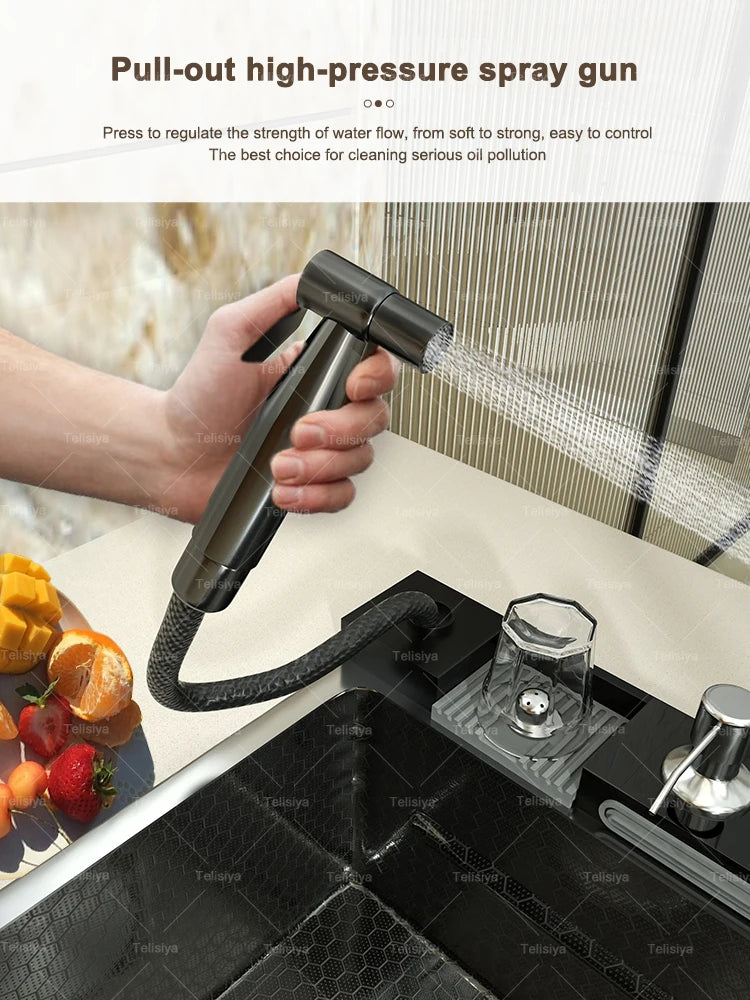 Küchenspüle aus Edelstahl mit Wasserfall, Einzelschüssel, Digitalanzeige, extra großer Schlitz, multifunktionale Waschbecken