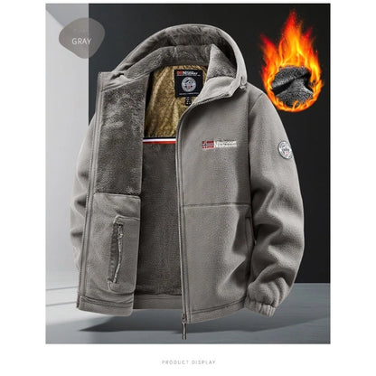CHUJIE Men's autumn and winter fleece fashion graphenewarm hooded jacket outdoor hiking sports with thick fleece cardigan jacket