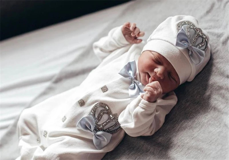 Dollbling Newborn Set Baby's Sets Rhinestone Crown 0-3 Months Hat+Bodysuits+Gloves+Shoes 4 Parts Boy Girl Jumpsuit Clothing.