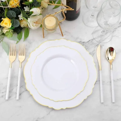 50/20pcs Gold Plastic Party Plates Dinner Plates Salad/Dessert and Combo Heavy Plastic Duty Plates for Wedding Parties.