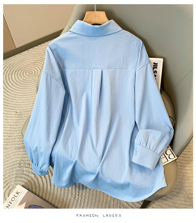 Plus Size Women's Blouses 2025 Spring Autumn Simple Lady Shirts Long Sleeve Big Pockets Shirt Loose Casual Tops