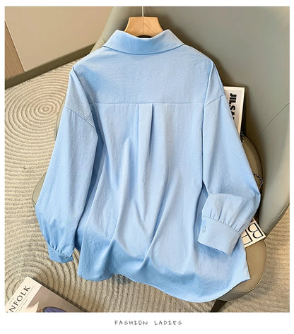 Plus Size Women's Blouses 2025 Spring Autumn Simple Lady Shirts Long Sleeve Big Pockets Shirt Loose Casual Tops