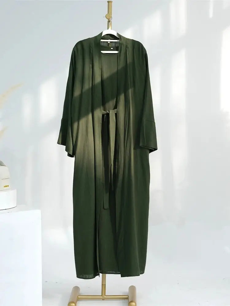 Eid Summer Cotton Linen Kimono Coat Dubai Open Abaya 2024 Muslim for Women Set Retro Kaftan Modest Dresses Islam Clothing Kebaya
