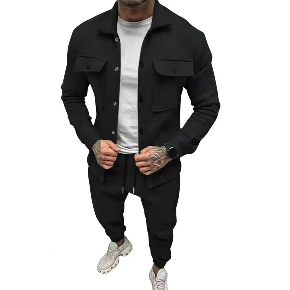 Men Two-piece Suit Set Winter Thick Warm Casual Suit Outfit Long Sleeve Coat Long Trousers Set Fashion Men's Activewear Outwear.
