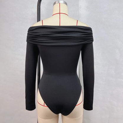 Sexy Hot Girl Slim Jumpsuits Women Fashion Solid Color Folds Corset Bodycon Crossed Bodysuits Long Sleeves Trendy Lady Rompers.