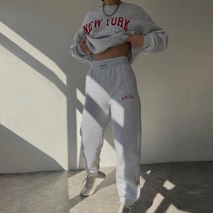 Warm Suit Autumn Winter Women Solid Set Elegant O-neck Pullover Hoodie And Pocket Trousers Two-Piece Set Lady Casual Loose Sets