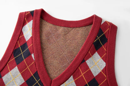 FSLE Plaid Rot Grau V-ausschnitt Gestrickte Weste Top für Frauen 2025, Herbst Neue Ankunft Retro College Stil Oberbekleidung Weste 25FS13248.