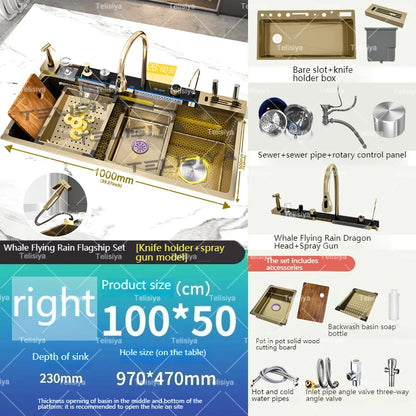 Goldene Küchenspüle aus Edelstahl, multifunktionale Wasserfall-Auslass, Einzelschlitz, Klavierknopf, Digitalanzeige