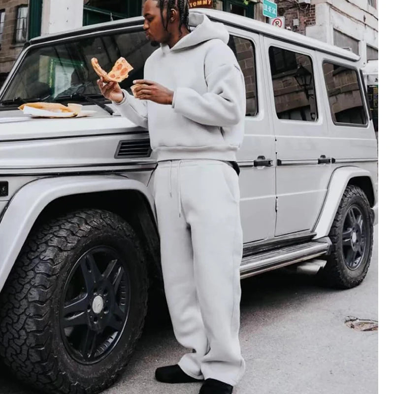 Men Cotton Vintage Tracksuit 2pcs Set Hoodies Straight Pants Casual Loose Hip Hop Sports Hooded Pullover Trousers Y2k Streetwear.