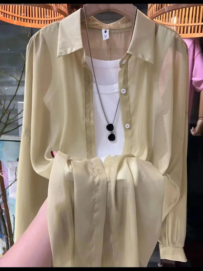 1pcs Woman Four Seasons Shirt Lady Thin Sunscreen Shirts Female Casual Long Sleeve Turn-down Collar Loose Med-Length Style Tops.