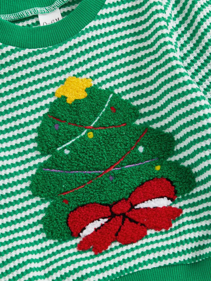 Weihnachts-Baby-Kleidung aus Baumwolle, 2-teiliges Set, 0–3 Jahre, gestreiftes Sweatshirt und Hose für Kleinkinder mit besticktem Weihnachtsbaum-Outfit.