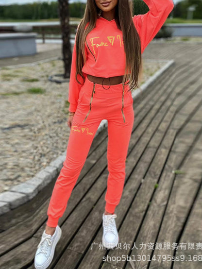 Pullover Hoodies Tracksuit Women Hooded Two Pieces Set Print Sweatshirts Pockets Zipper Pencil Pants Suit Sports Casual.