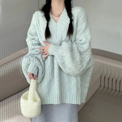 Herbst Winter Frauen Pullover Harajuku Übergroßen Gestrickte Pullover Koreanische Langarm V-ausschnitt Strickwaren Preppy Solide Lose Jumper