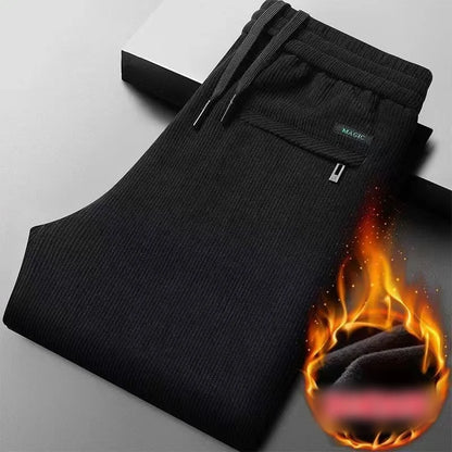 Black gray men's corduroy casual pants with drawstring, thick elastic business pants, mid waist brand winter warm pants.