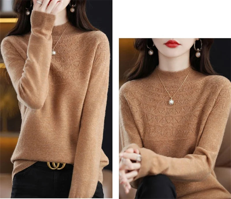 Neuer Kaschmirpullover für Damen, Herbst und Winter, 100 % reine Wolle, Hemden, Strickpullover, ausgehöhlte Strickwaren, weiche Pullover.