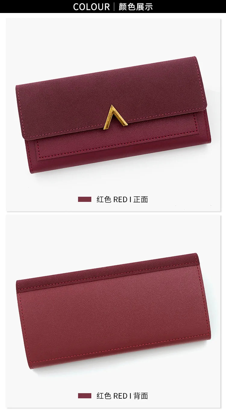 New Korean version women's wallet long V-shaped buckle three fold wallet for women, hand-held bag, change card bag.