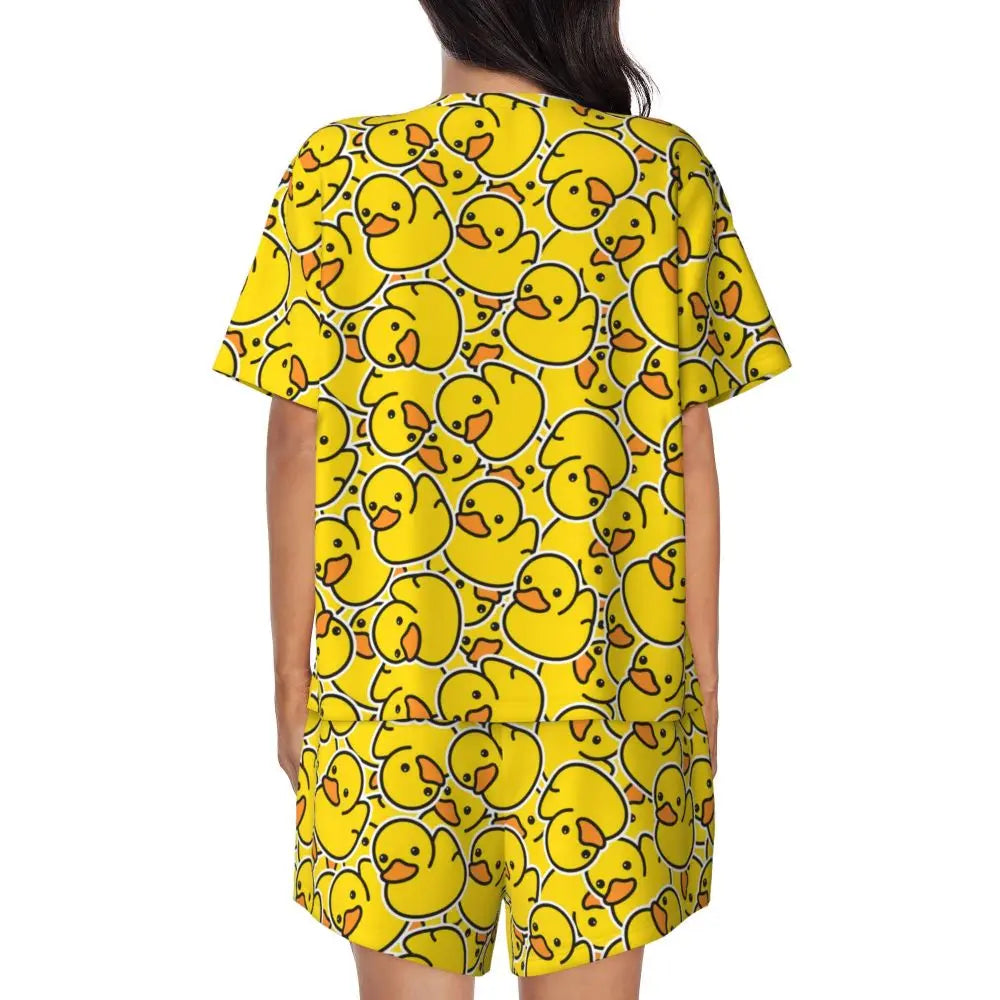 Benutzerdefinierte Frauen Gelb Klassische Gummi Ente Pyjamas Set Gedruckt Zwei-stück Pj Sets Kurzarm Nachtwäsche Loungewear.